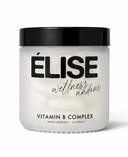 Élise Vitamin B Complex supplement bottle, dietary supplement capsules, frosted glass jar with black lid, luxury wellness product on white background