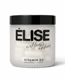 Élise Vitamin D3 supplement bottle, 30 capsules, frosted glass jar with black lid, luxury wellness product on white background