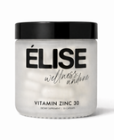 Élise Zinc 30 supplement bottle, 30 capsules, frosted glass jar with black lid, luxury wellness product on white background